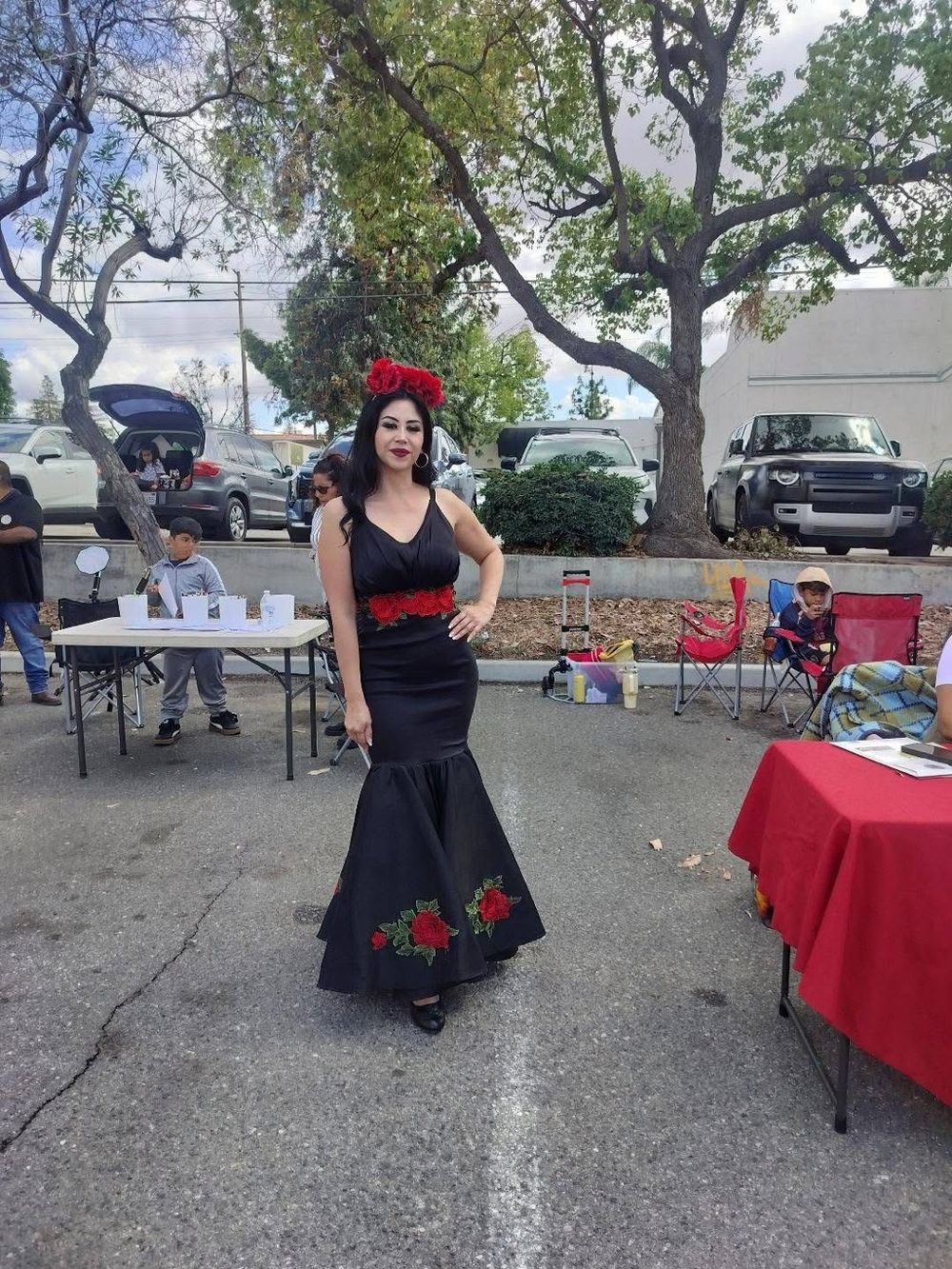 Black Floral Embroidered Mermaid Dress with Red Rose Accents